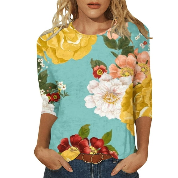 Womens Top Crewneck 3/4 Sleeve T Shirts Floral Tshirt, Fashion Blouses Graphic Tees Daily Wear