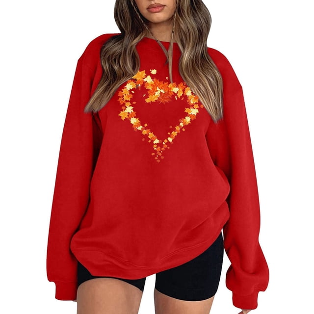 Bmisegm Femmes Long Arbre Feuille d'Érable Décontracté Quotidien Col Rond Sweat à Capuche Sans Capuche Hauts Chandails en Molleton Décontractés pour Femmes Rouge L