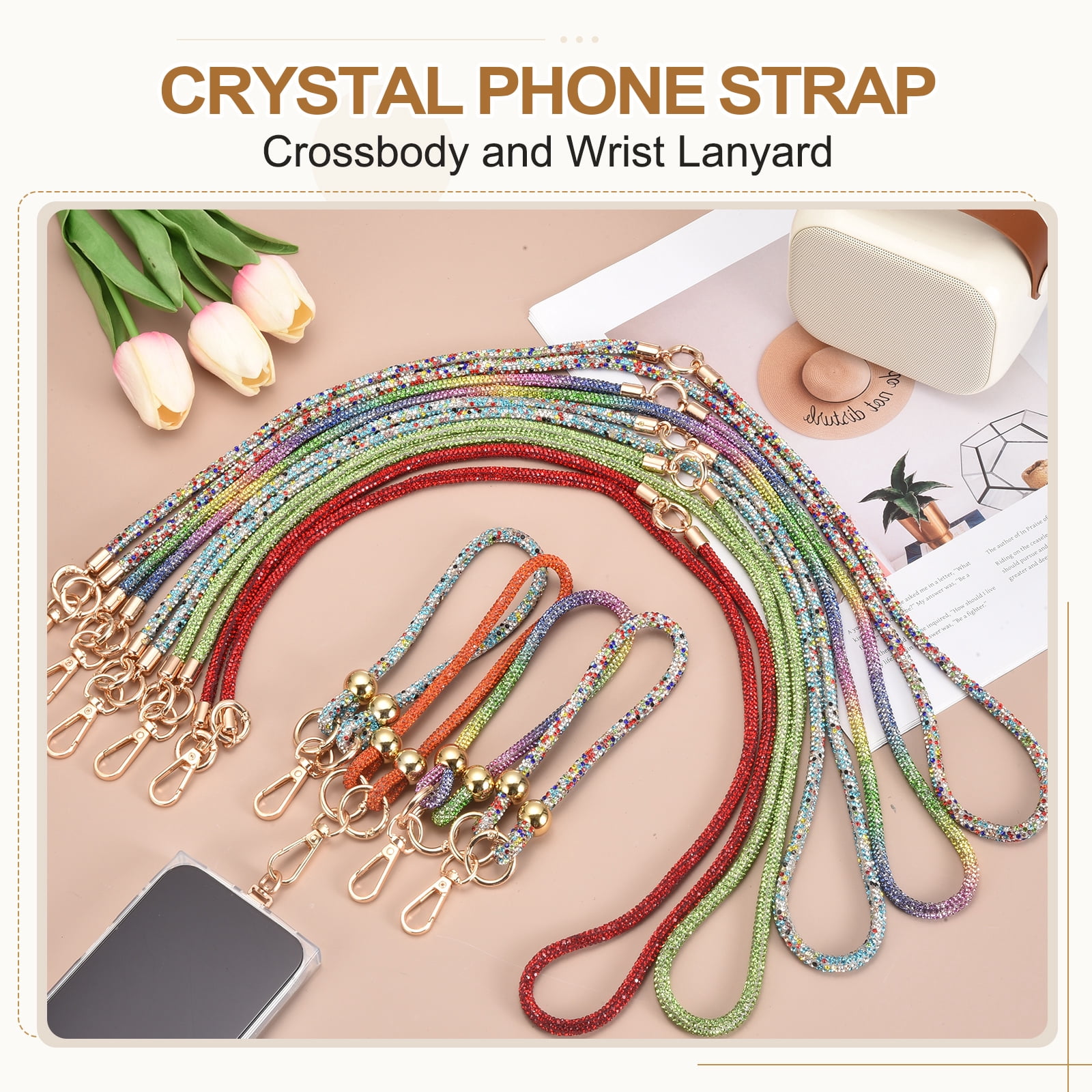 Uxcell Crystal Phone Strap Crossbody and Wrist Lanyard, Anti Theft Phone Strap Rhinestone Cell Phone Lanyard Necklace with Tether Tabs for Most Smartphones Women, Light Purple