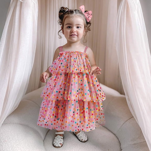 Huowey Girls Polka Tiered Dress Tutu Strapless Sleeveless Formal Wedding Party Gown Layered Solid Color High Waist Dresses Clothes,Pink,6-12 Months