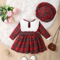 thumbnail image 3 of Newborn Baby Girls Clothes Baby Girls Dress Newborn Girls Long Sleeve Round Neckline Plaid Dress with Hat Red 0-3 Months, 3 of 8