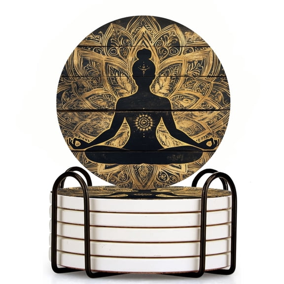 Captivating Depiction Of The Silhouette Of YogPose Set of 6 Ceramic Coasters with Holder, Absorbent Drink Bar Coasters, Table Coasters for Living Room Decor Tabletop Protection