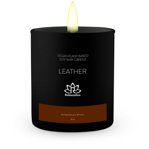 Soy Wax Candle in Glass Jar Leather Clean Burn up to 80 Hours Handmade in USA Natural and Safe by Relaxcation 10 oz