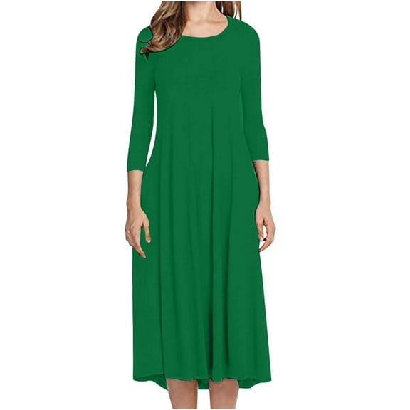 Dresses for Women Long Sleeve Plus Size Button V-Neck Solid Color Casual Dress Green 3XL