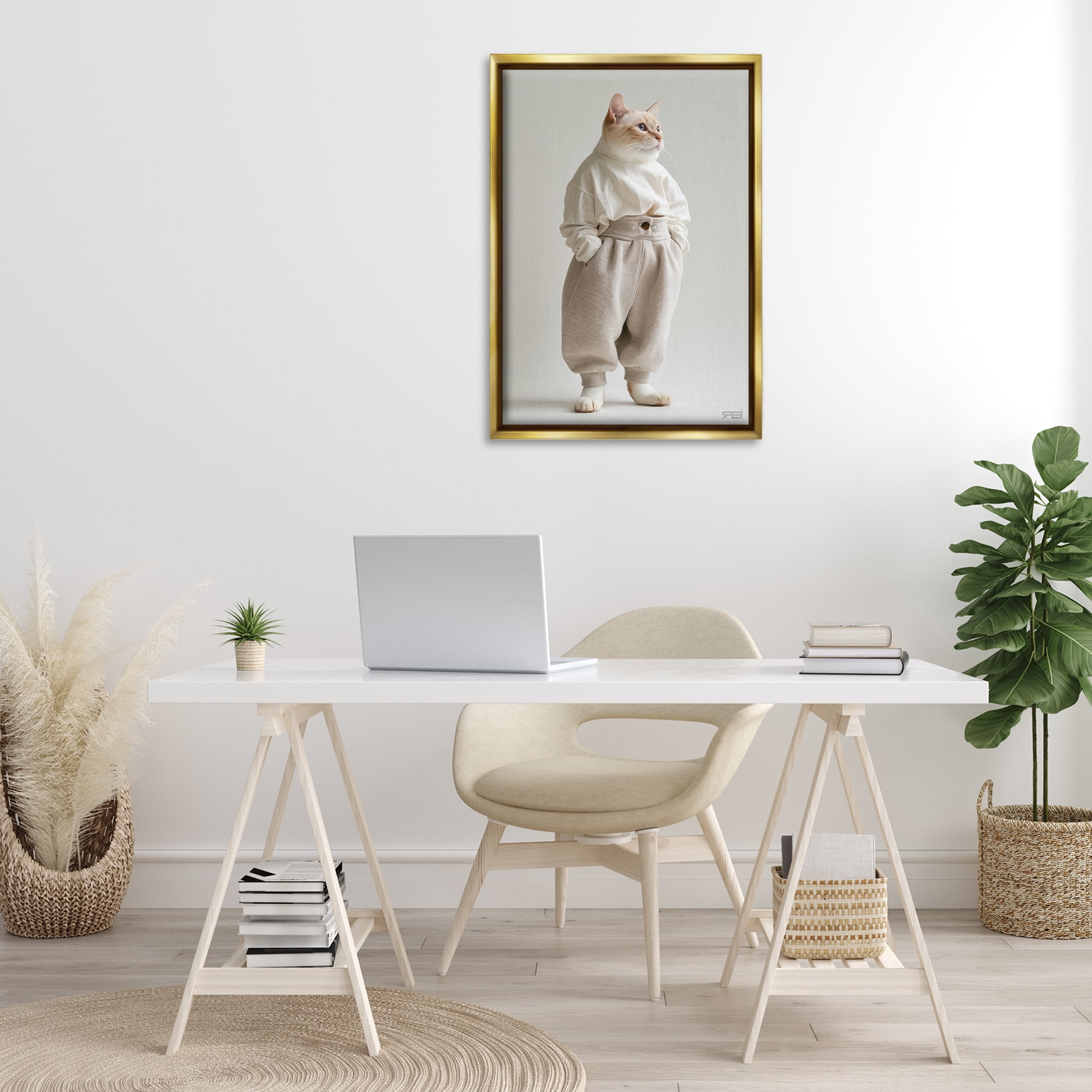 Stupell Industries Trendy Fashion Cat Animals & Insects Painting Gold Floater Framed Canvas Art Print Wall Art, 21 x 31