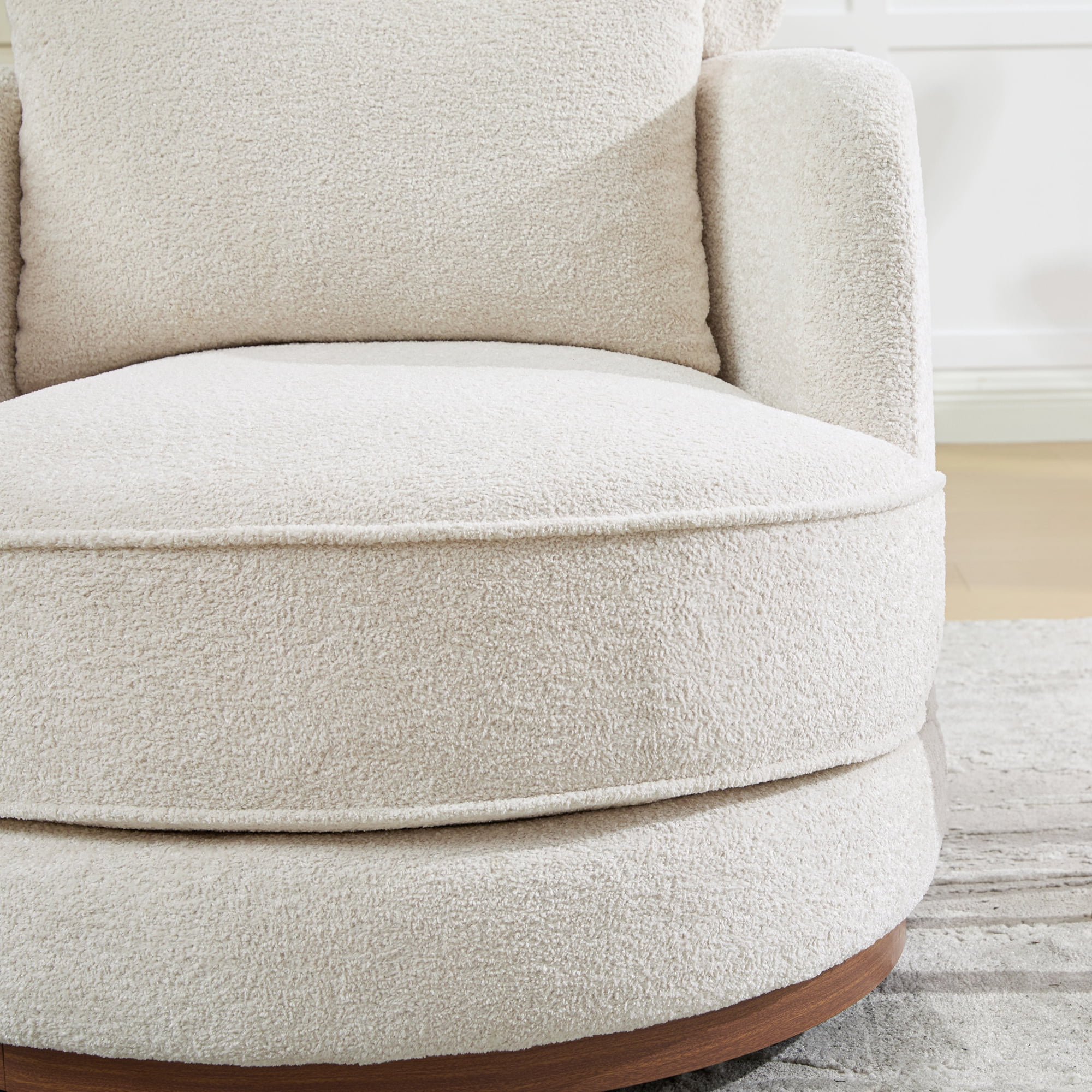 Leumius 360°Swivel Barrel Chair with 1 Plump Pillow and a Circular Wooden Base Ring, Round Chair with Removable Cushion for Living Room Bedroom Apartment,Beige