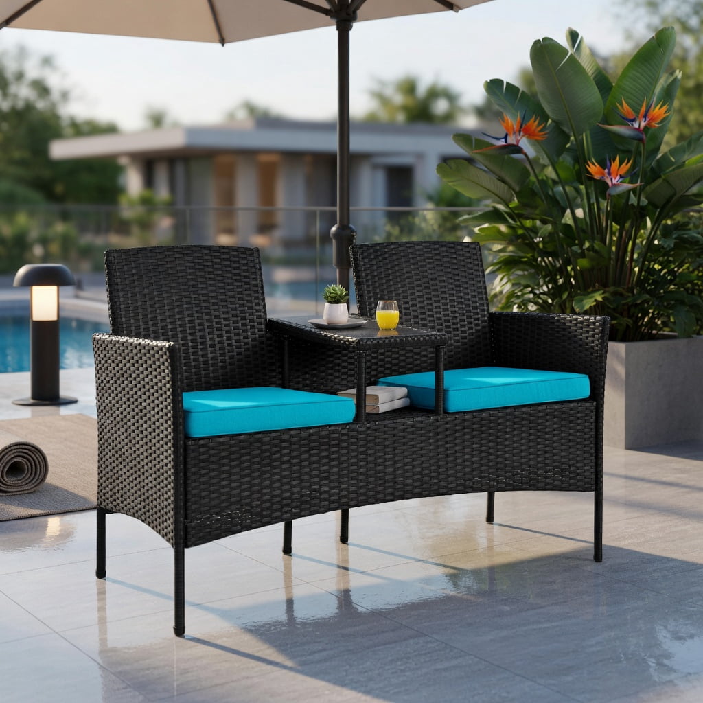 Hommoo Wicker Patio Conversation Set, Outdoor Sofa Set with Removable Cushions, Tempered Glass Table, Weather-Resistant Rattan, for Balcony, Poolside & Garden, Turquoise