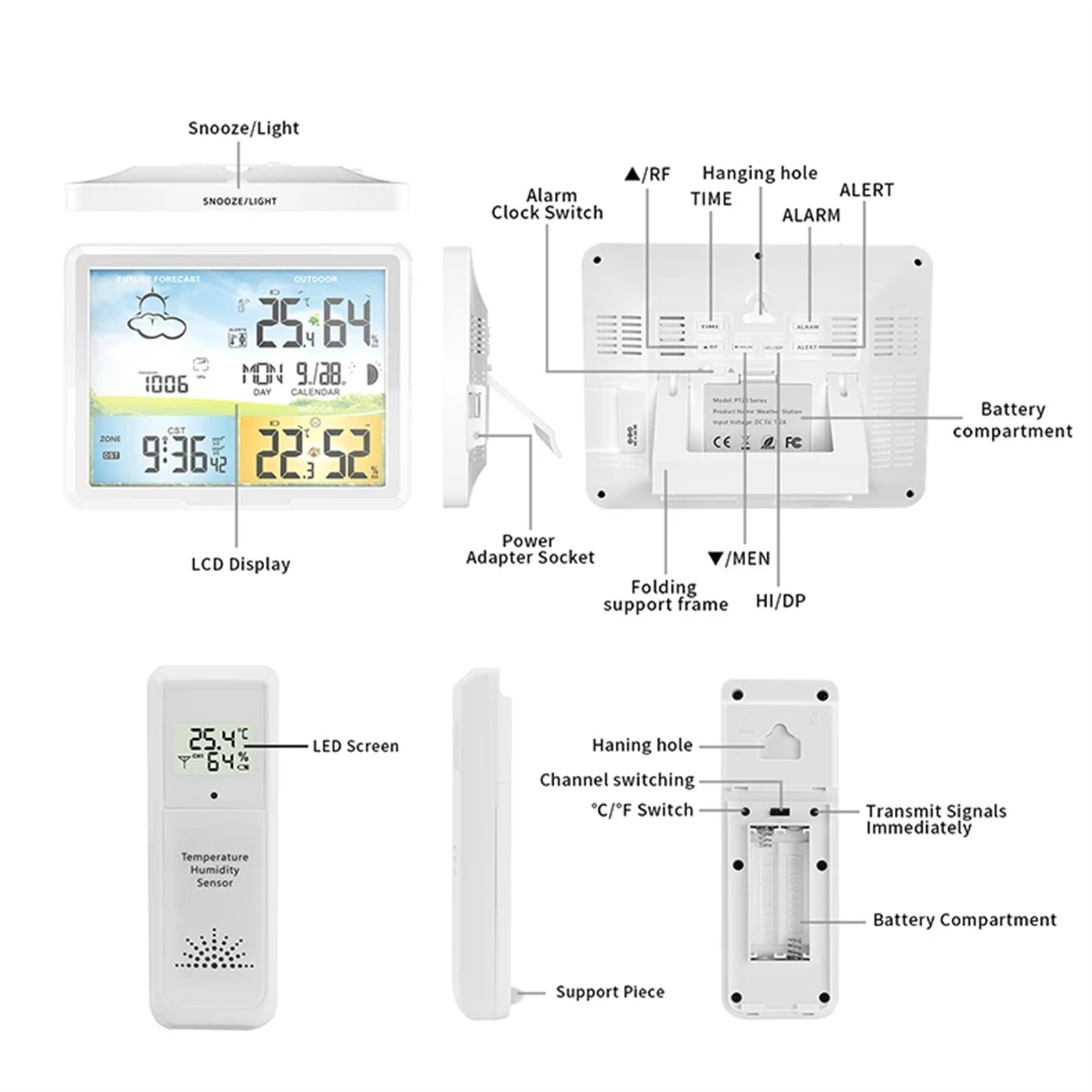 Weather Station Indoor Outdoor Digital Forecast Calendars Clocks Hygrometer Humidity Temperature Display Sensor PT20A ,Excellent Visual Experience