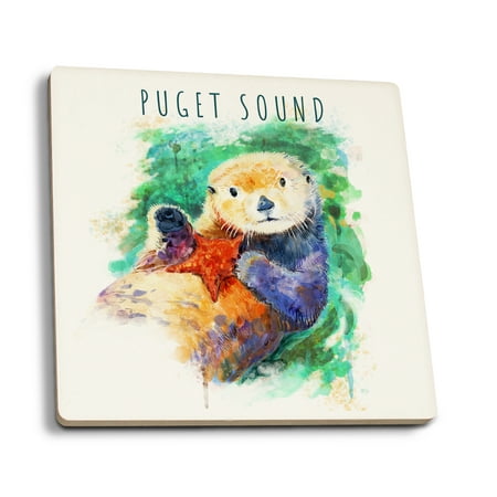 

Puget Sound Sea Otter Watercolor Contour (Absorbent Ceramic Coasters Set of 4 Matching Images Cork Back Kitchen Table Decor)