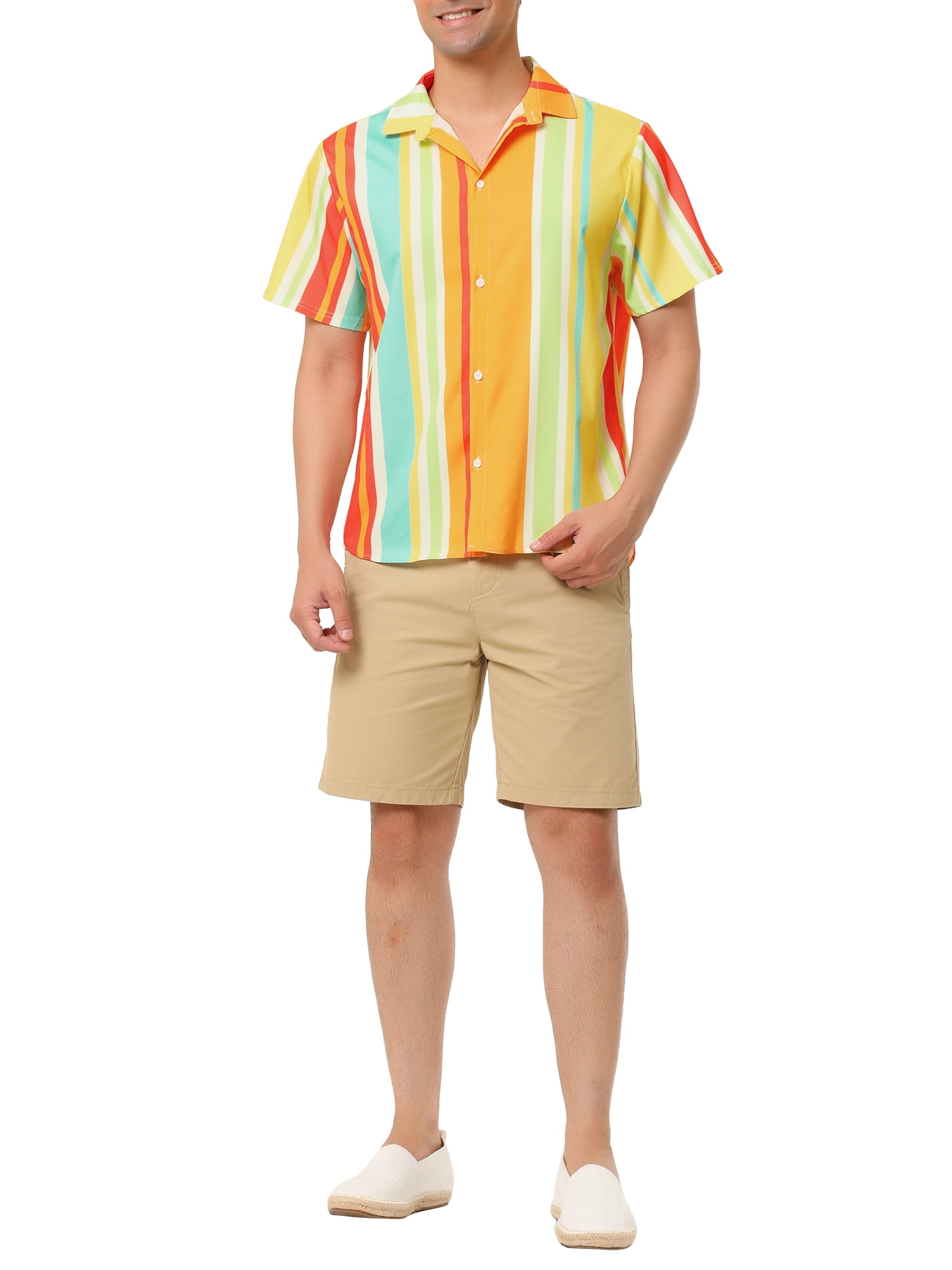 Unique Bargains Men's Summer Striped Shirt Short Sleeve Button Down Beach Shirts S Orange Green Yellow