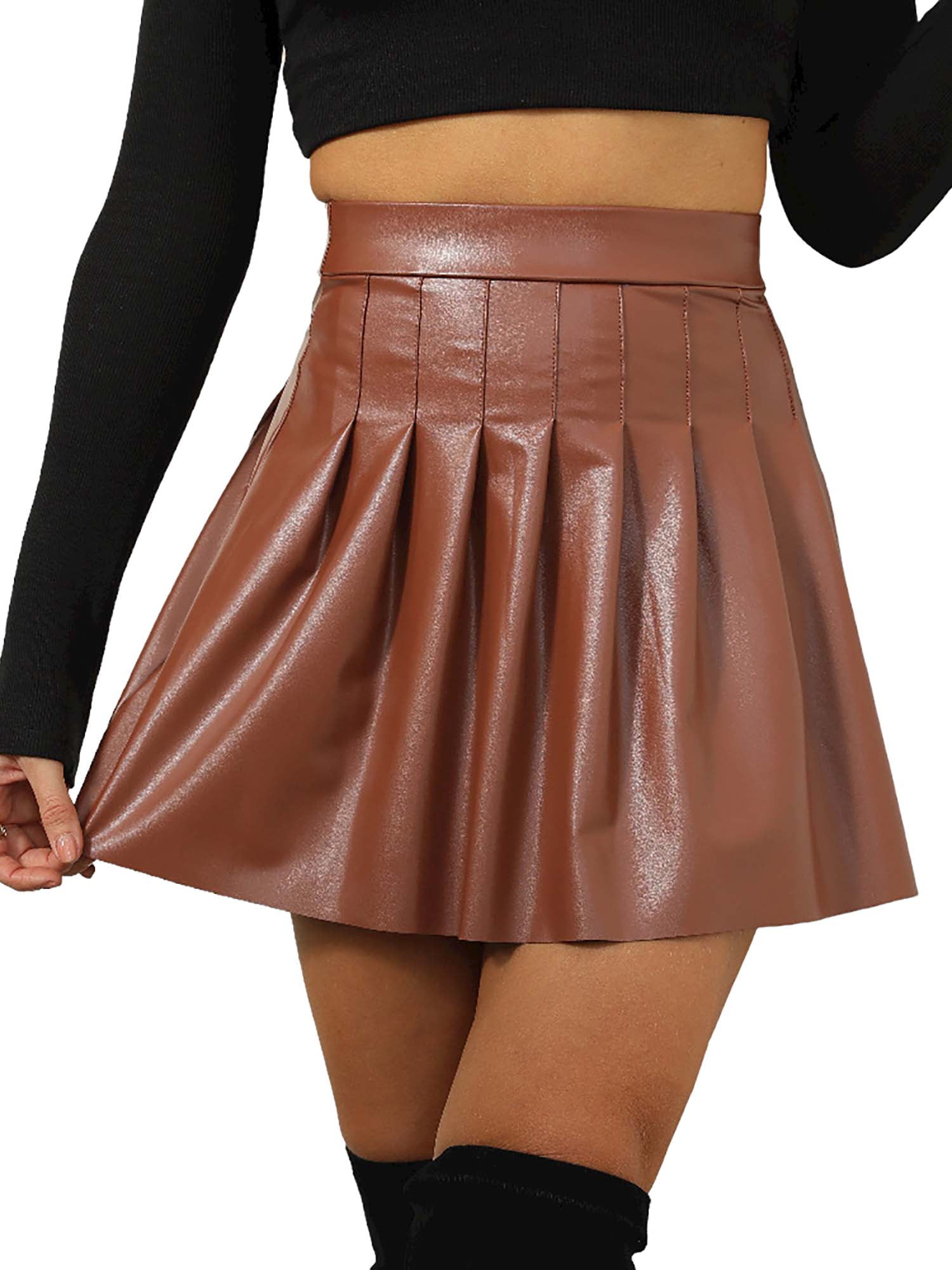 SpringTTC Women's Faux Leather PU Pleated Solid Sexy Flared