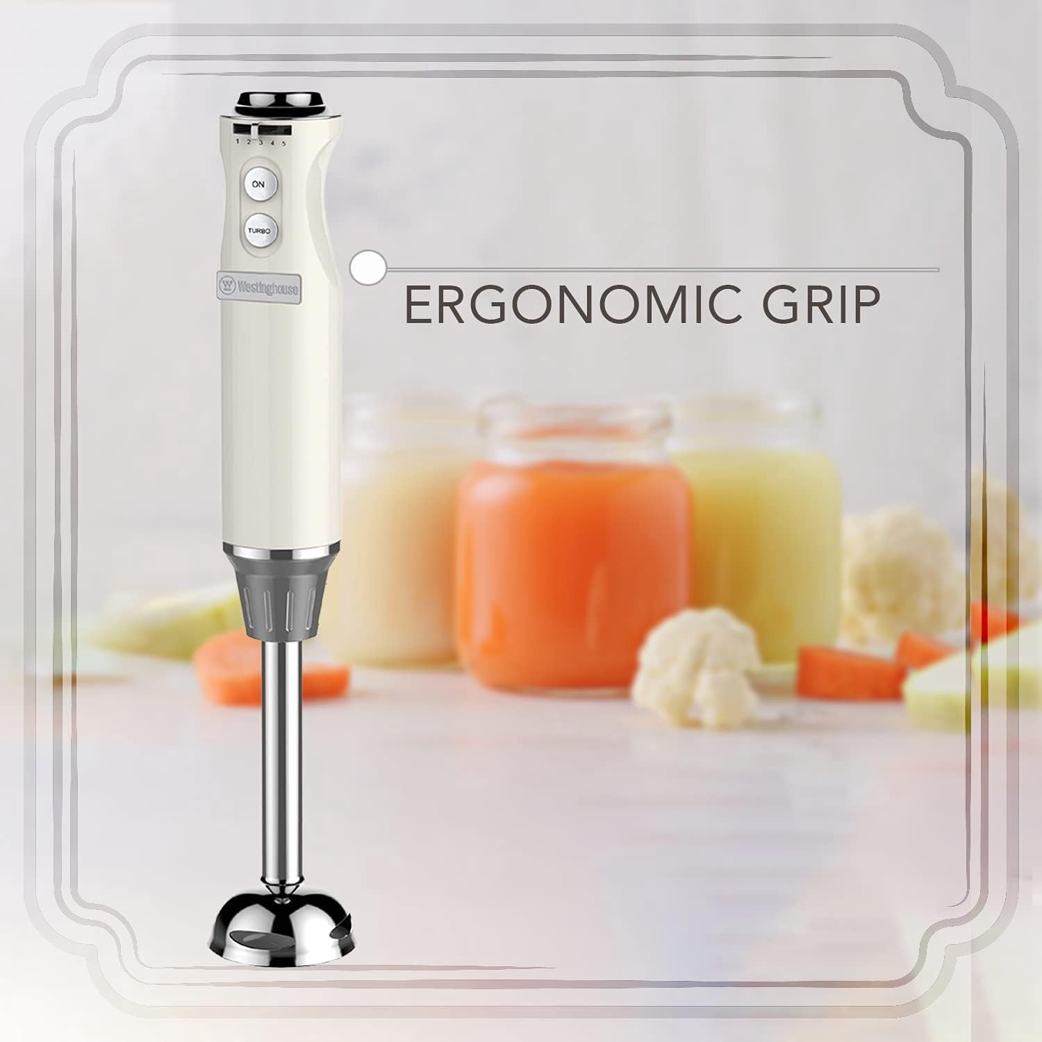 Hand Blender - 5-Speed Immersion Blender with  Function, Stainless Steel Blades & Rod, 500W Power, Detachable Easy Clean Design, Best for Smoothies & Soups - Retro Appliance, White