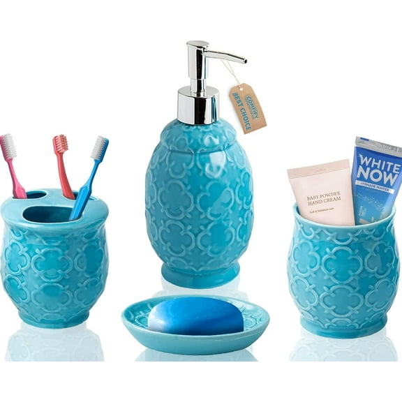 4-Piece Bathroom Accessory Set - Ceramic Bath Set with Blue Glossy Finish - Modern Vanity Accessories Including Soap Dish, Tumbler, and Toothbrush Holder