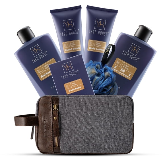 YARD HOUSE Juego de cesta de regalo para spa corporal y baño natural para hombres - Ocean Breeze - Kit de lujo para el cuidado de la piel de los hombres en bolsa de aseo para relajación, revitalizac