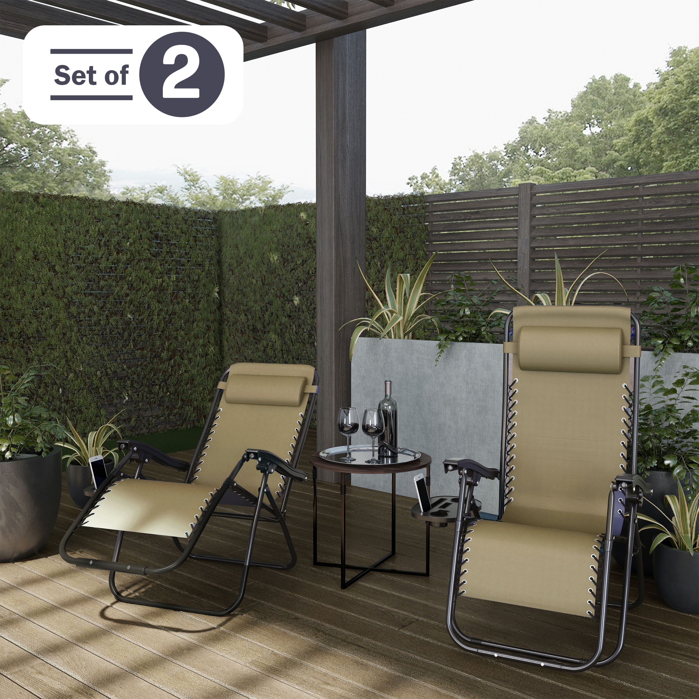 Lavish Home Zero Gravity Lounge Chairs, Set of 2 Folding Recliners with Side Table, Cup Holder & Pillow, Beige