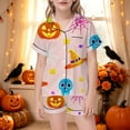 thumbnail image 2 of Child Girl Pajamas Cartoon Halloween Pumpkin & Star Pattern Short Sleeve Notched Collar Button Down Relaxed Fit 2Pc Summer Autumn Pajama Parties Casual Nightwear,Pink,11-12 Years, 2 of 5