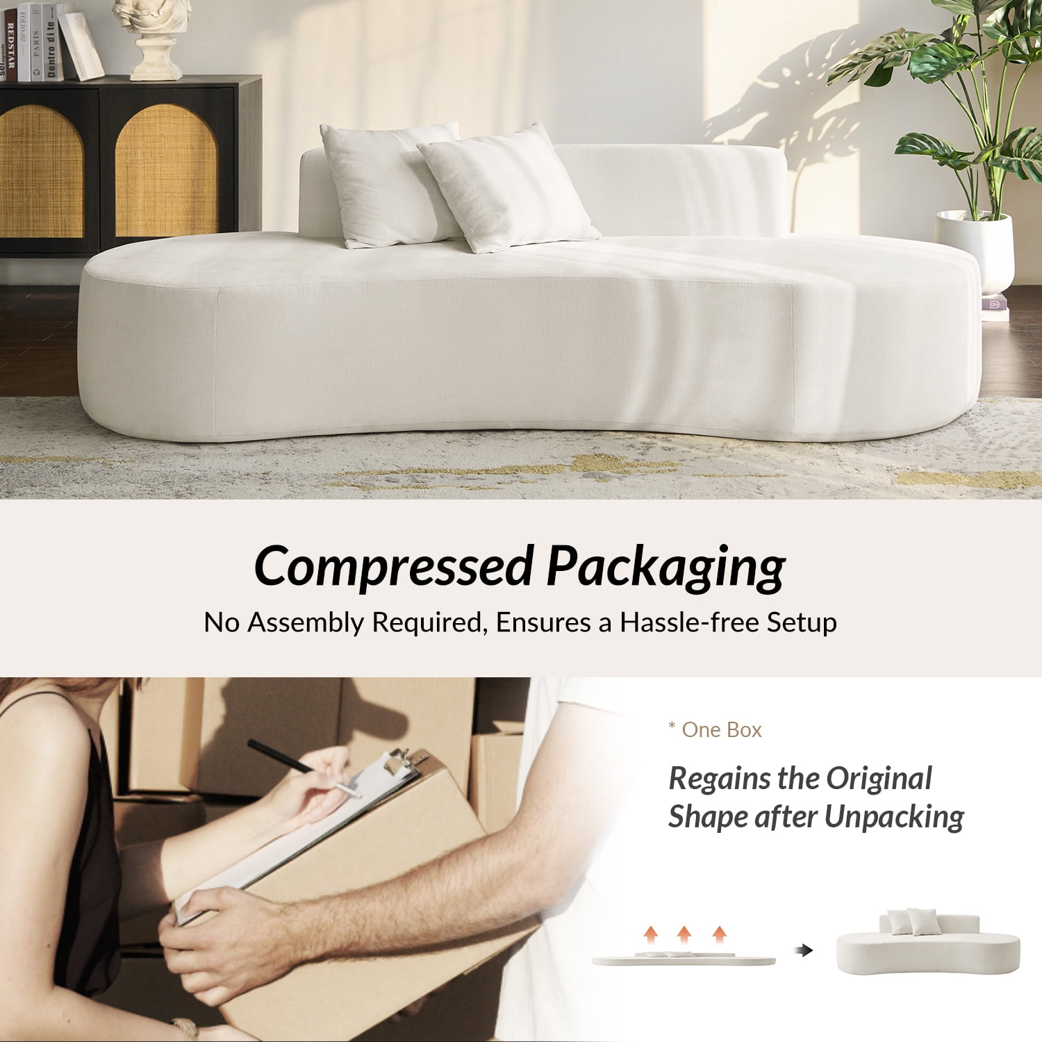 Tina's Home Modern Minimalist 3-Seater Cream Sofa for Adult Living Room Couch with Curved Design No Assembly Required