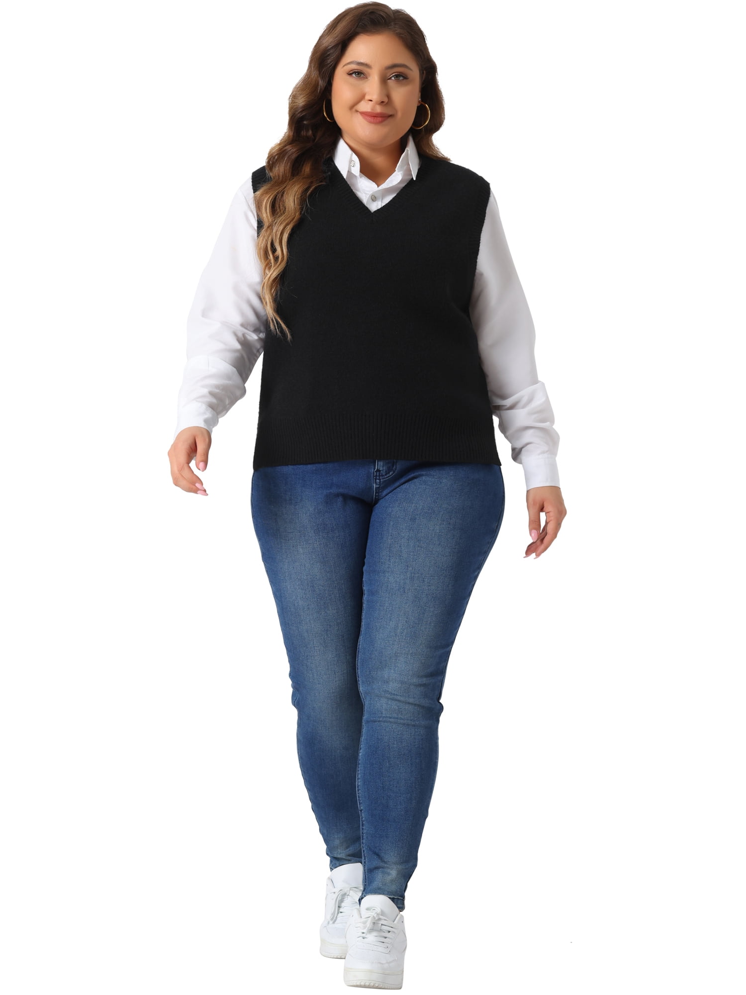 DARING DIVA Women's Plus Size V Neck Knit Sweater Vest 1X Black