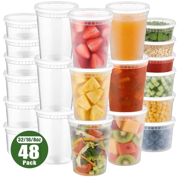 TINANA Food Storage Containers 48Pack, 32/16/8oz Plastic Deli Containers with Lids, Slime, Soup, Meal Prep Containers, BPA Free, Leakproof, Microwave Freezer Dishwasher Safe