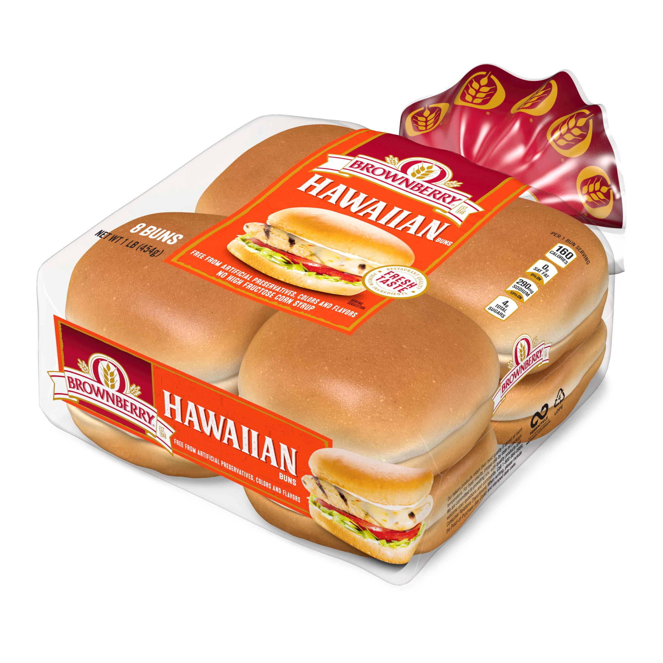 Brownberry Hawaiian Buns, 8 count, Sweet Hamburger Buns, 16 oz Bag