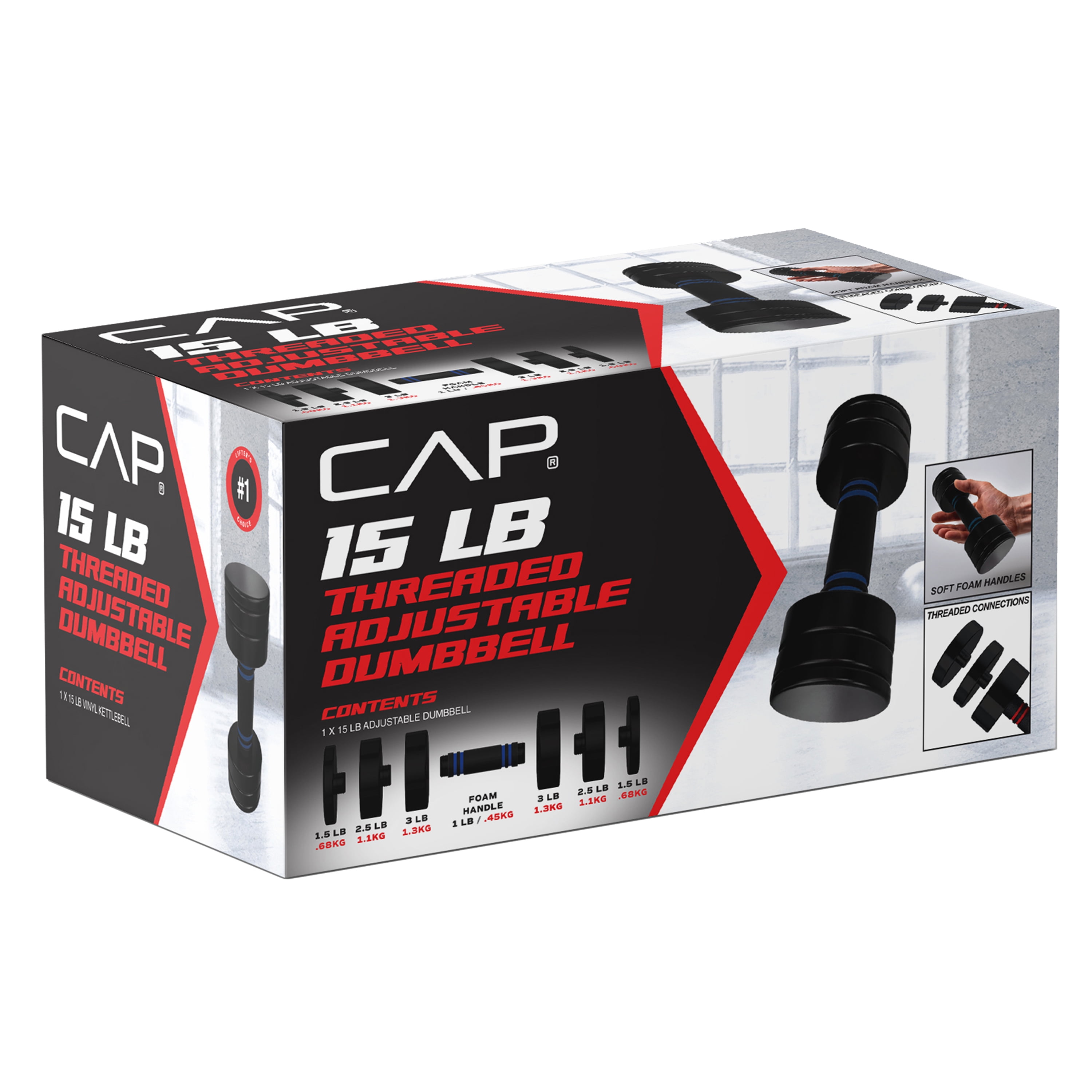 CAP  6-in-1 Adjustable Threaded Dumbbell with Foam Handle, Black/Blue -  Fast Adjust from 1 to 15 Pounds