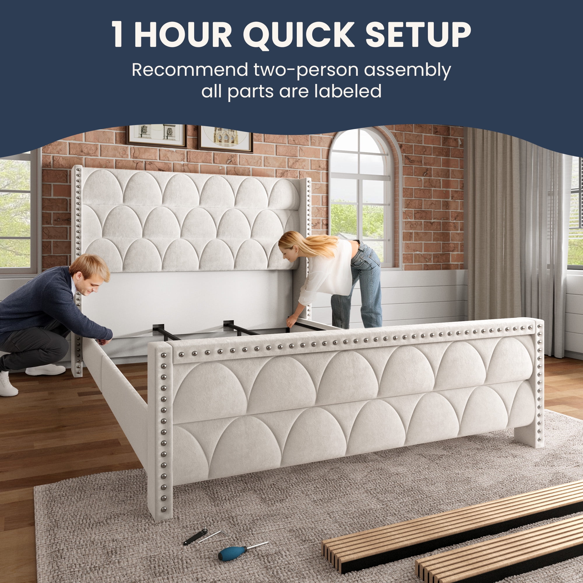 56" Velvet Upholstered Bed Frame with Wingback Headboard, Nailhead Trim, Wood Slat Support, No Box Spring Required