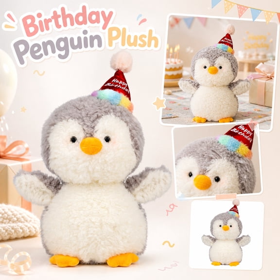 Adorable Birthday Penguin Plush Toy - Ultra-Soft Chubby Grey Penguin Stuffed Animal with Cute Party Hat, Great Birthday & Holiday Gift for Kids and Toddlers