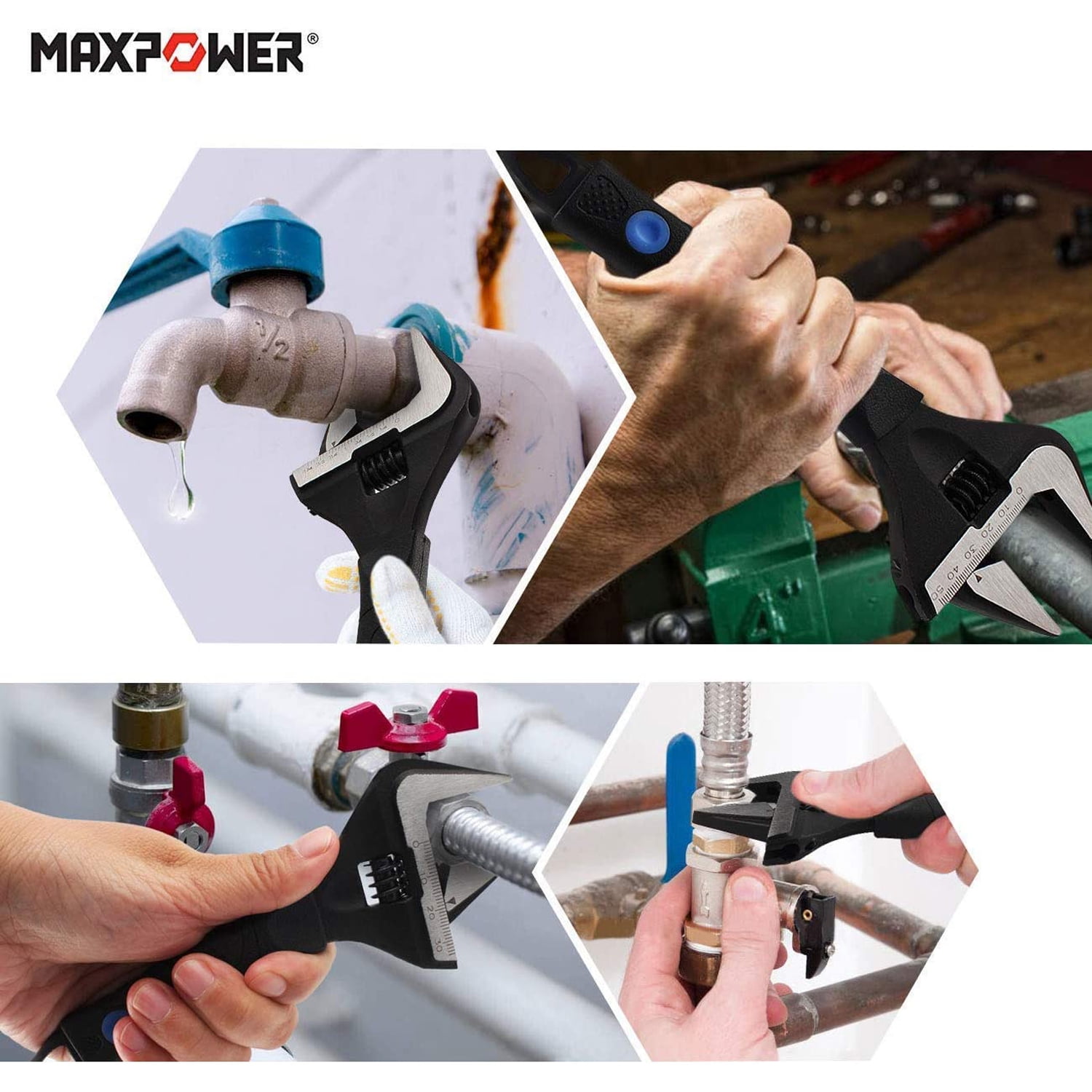 MAXPOWER Heavy Duty Large Opening Adjustable Wrench,6 and 10 Inch Plumbing Wrench
