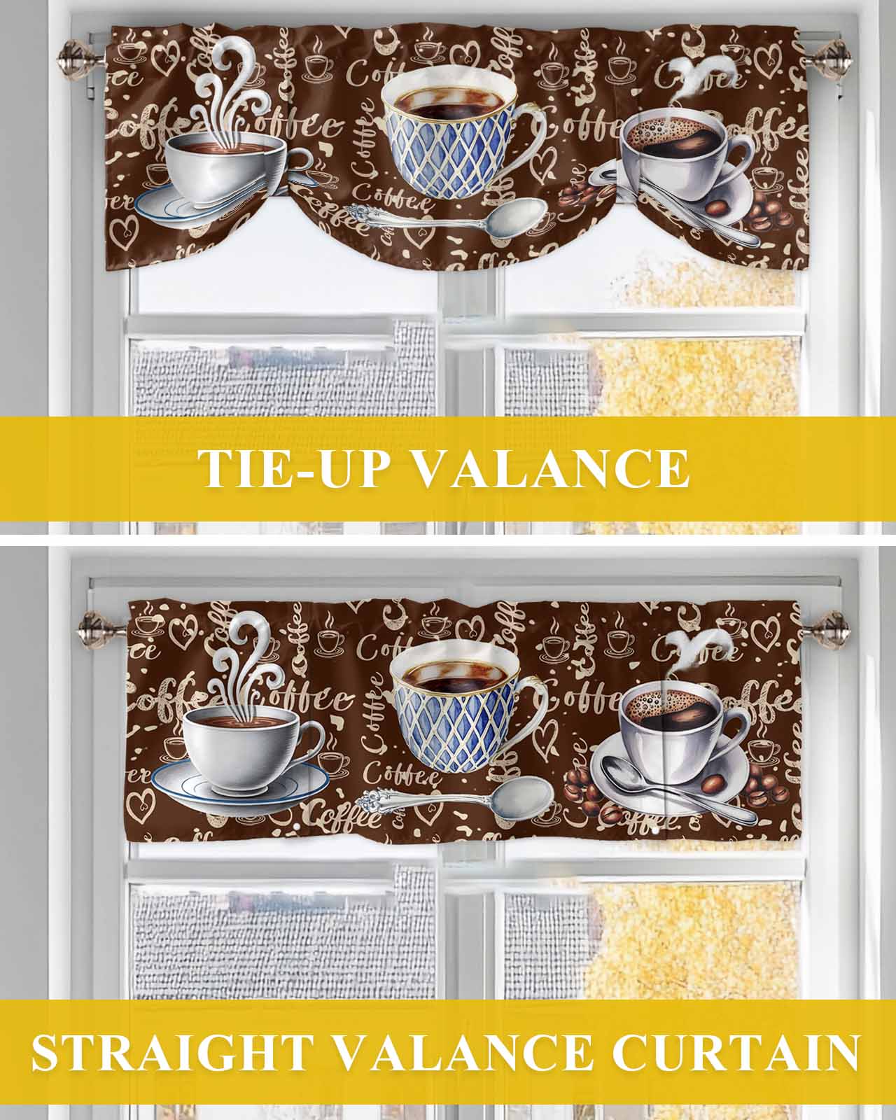 Coffee Latte Beans Tie Up Valances Curtain, Adjustable Kitchen Sugar Retro Brown Valances for Windows Decor, Rod Pocket Short Curtains Set for Bedroom/Bathroom, 54"x18"