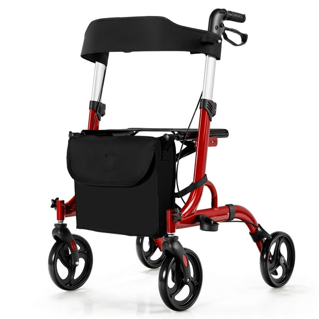 Giantex Déambulateur à Roulettes 2-en-1 en Aluminium avec Siège, Aide à la Mobilité et à la Marche Pliable avec Poignées et Roues Réglables en Hauteur, Rouge