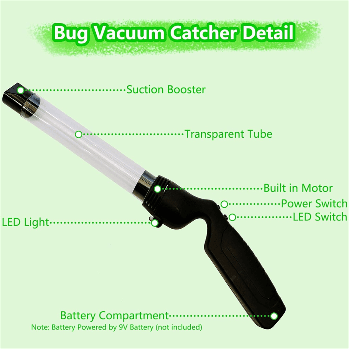 2 Pack Bug Vacuum Catcher for Adults and Kids, Cordless Spider Vacuum Battery Powered Bug Sucker for Home Garden,2 * bug vacuum catcher (without DC 9V battery),Black