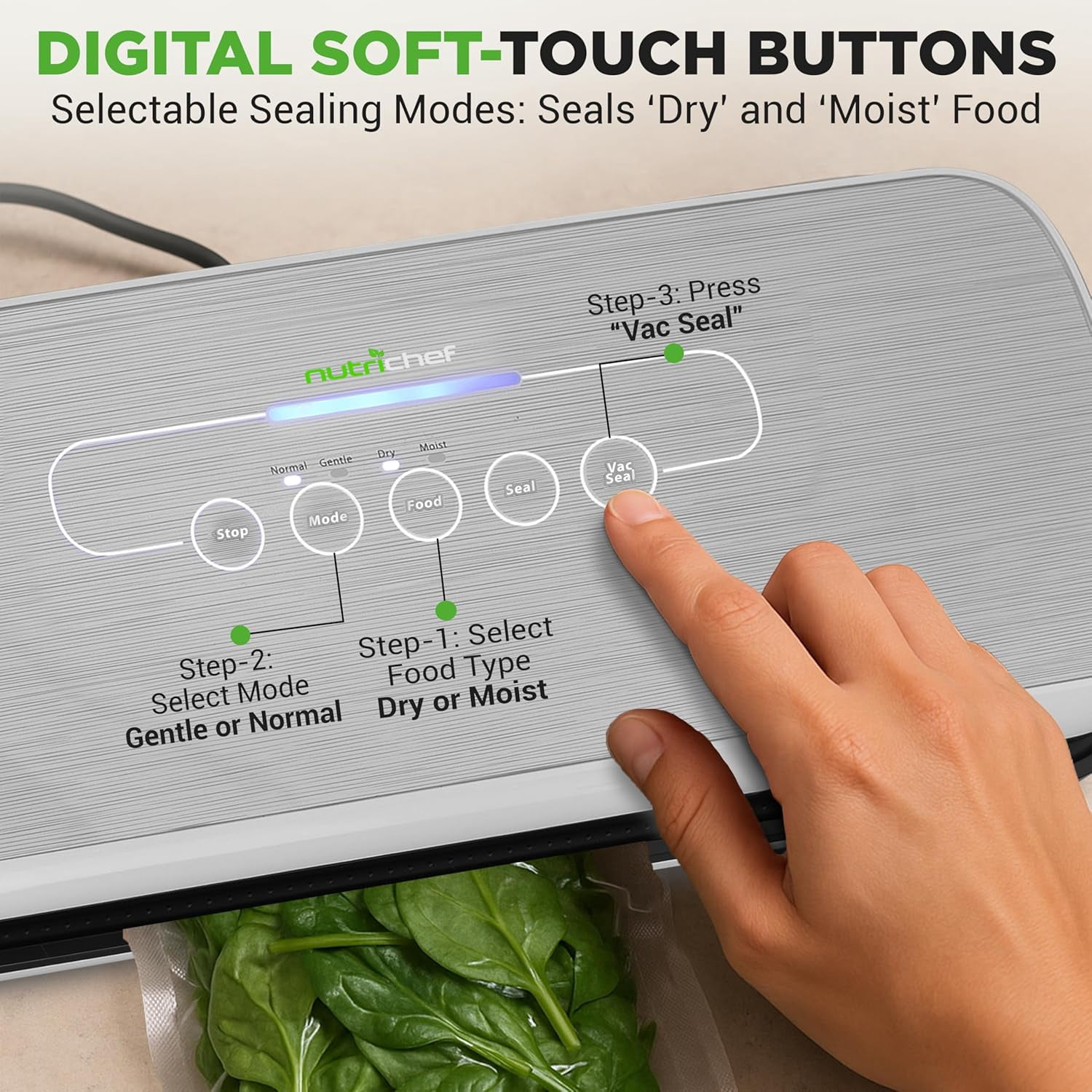 Food Vacuum Sealer Machine - Automatic Air Sealing System for Dry & Moist Foods, LED Touch Controls, Includes Vacuum Bags, Hose & Wine Stopper, High Suction Power, 14"x6"x3", Silver