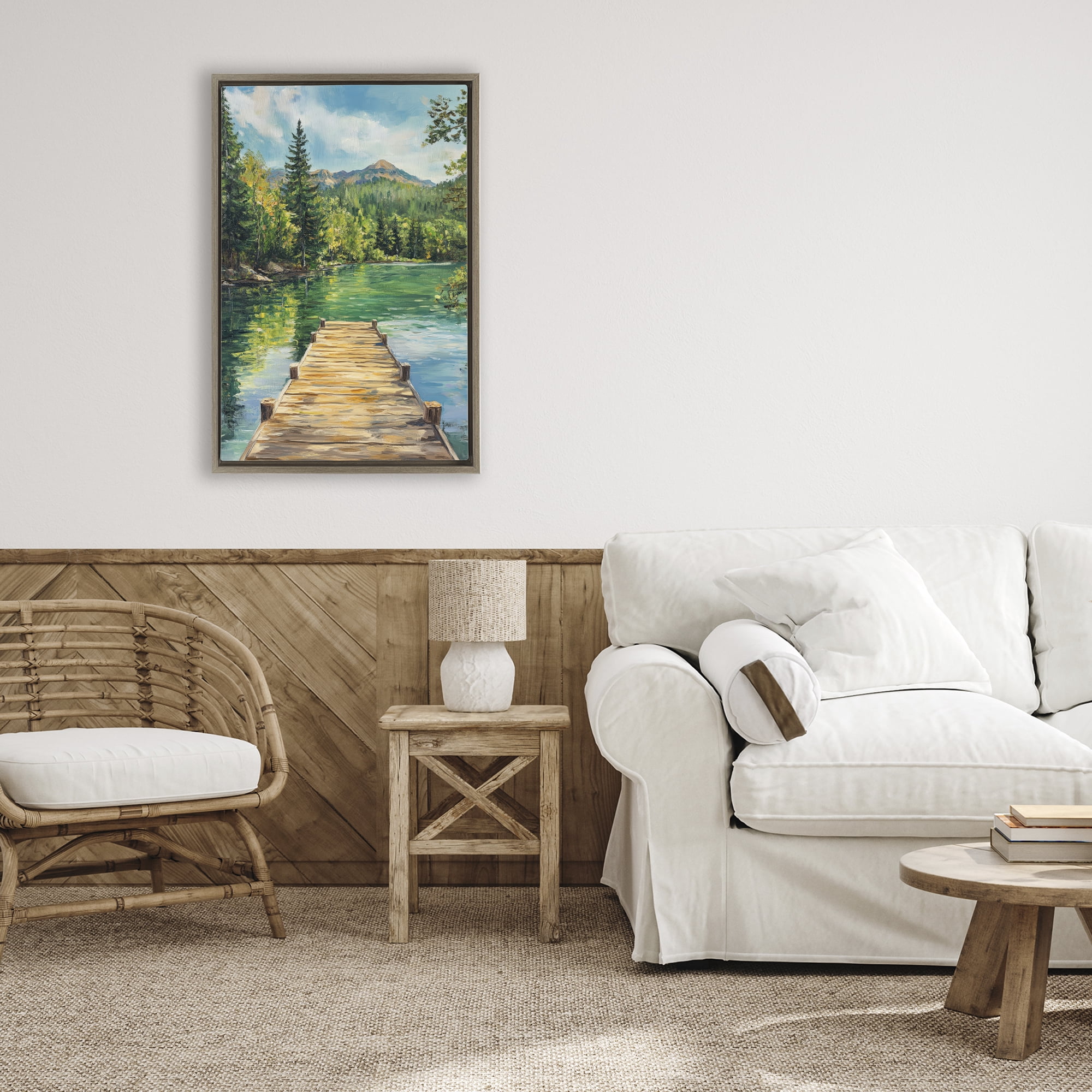 Stupell Industries Sunlit River Dock Brown Framed Floater Canvas Wall Art, design by Petal Prints Design