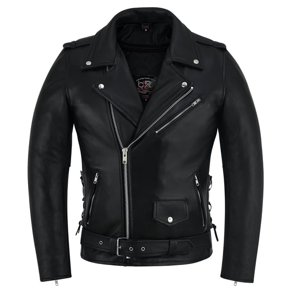Men Motorcycle Brando Leather Jacket Distressed Zip Up Side Lacing Motorbike Jackets Black-40