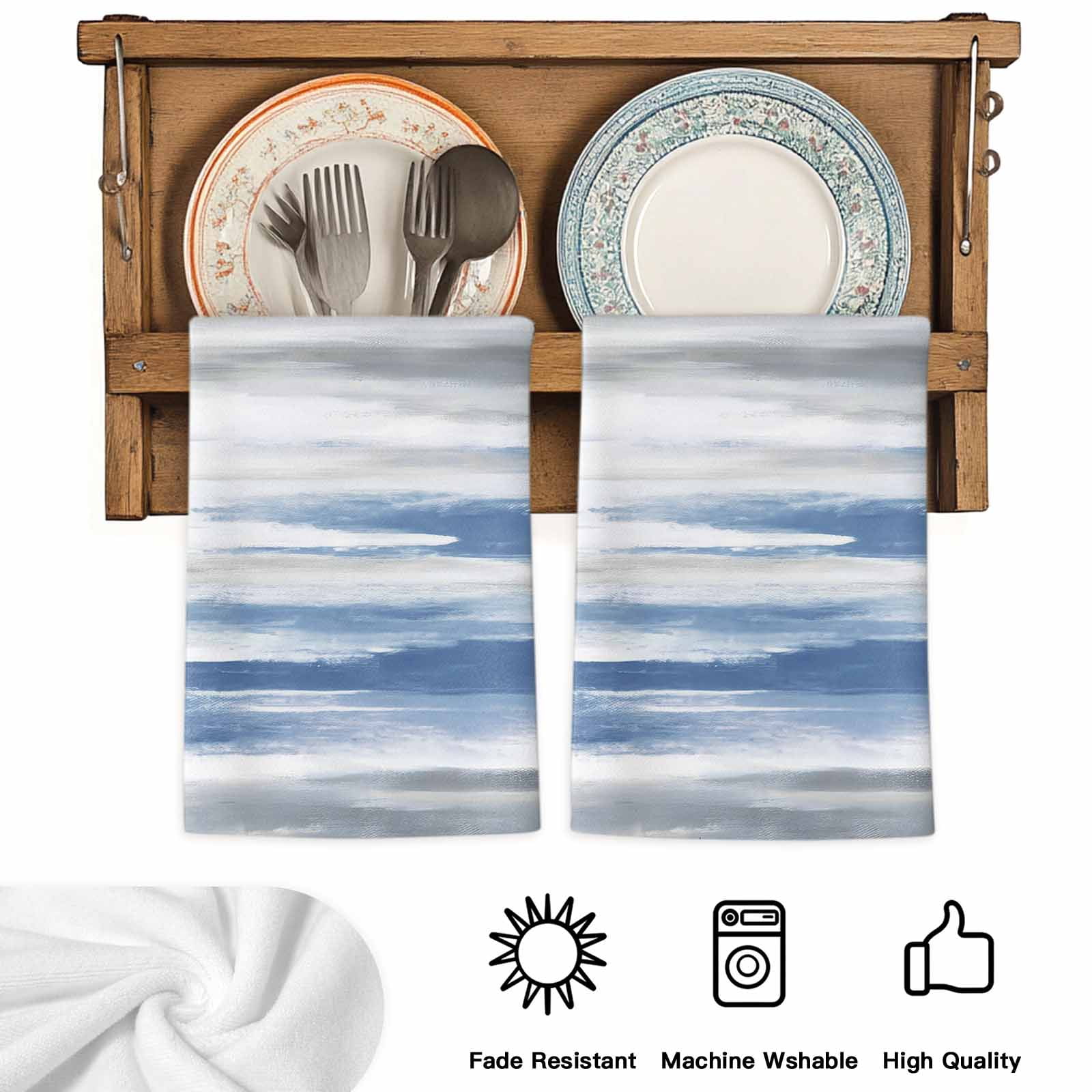 Blue Gray White Kitchen Towels Set of 2, Modern Abstract Mottled Aesthetic Absorbent Dish Towels for Kitchen, Microfiber Hand Towel, Quick Drying Tea Towel for Cleaning Decorative Dishcloths