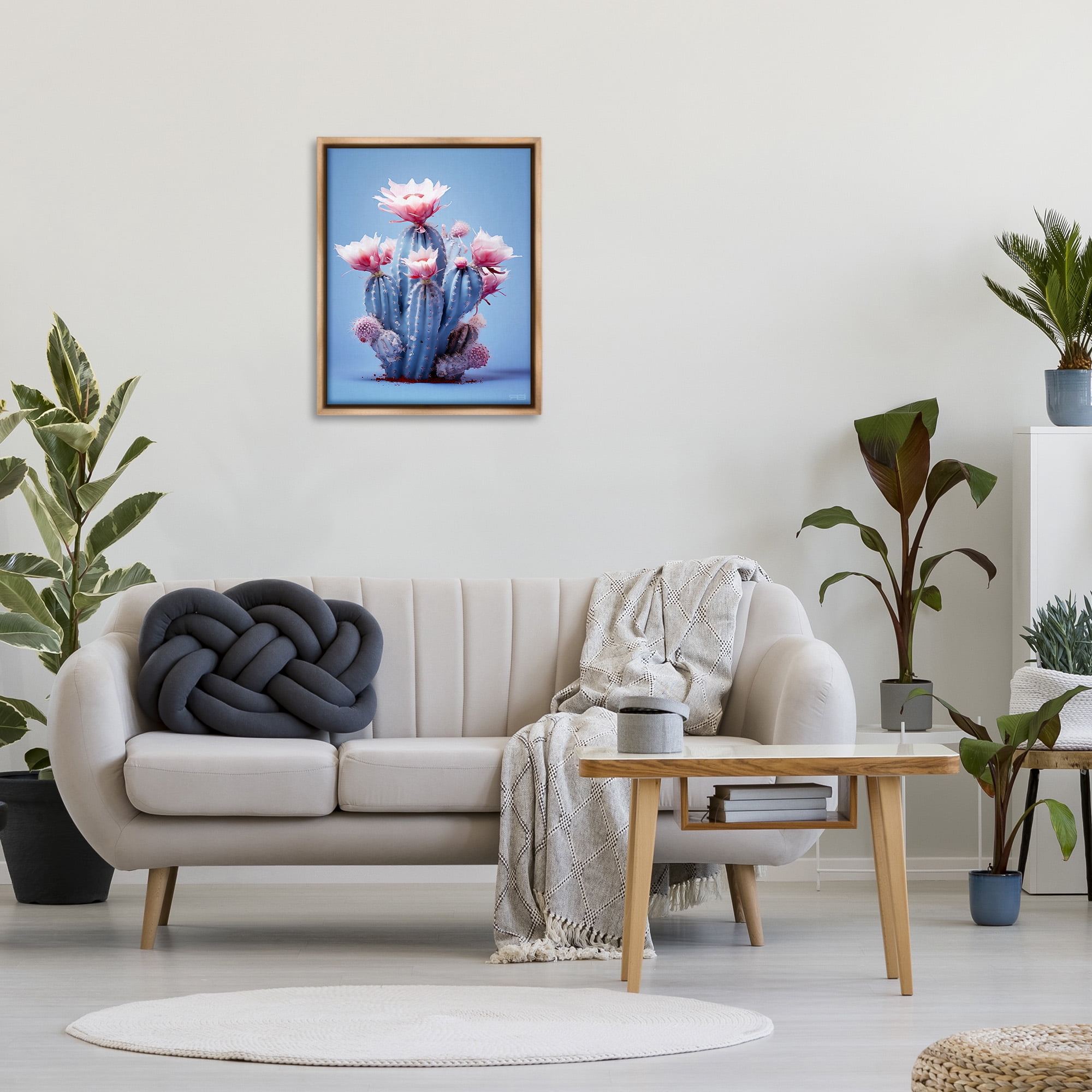 Stupell Industries Pink & Blue Cactus Flowers Botanical & Floral Painting Brown Floater Framed Canvas Art Print Wall Art, 25 x 31