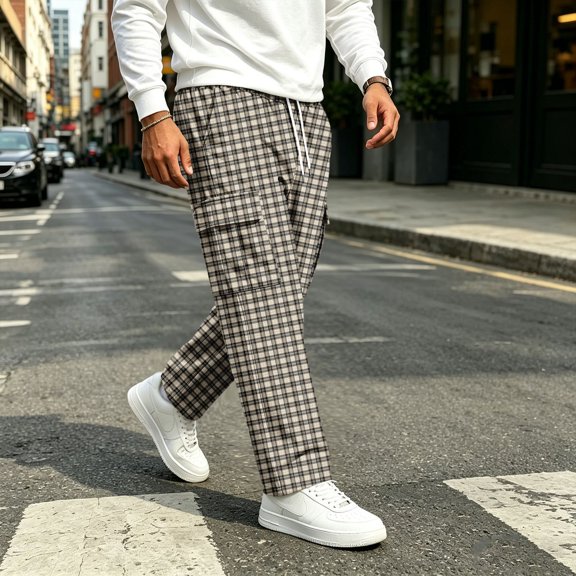 UDAUDU Men's Cargo Sweatpants Plaid Hiking Loose Fit Elastic Waist Drawstring Trousers Casual Fall Lightweight Sweatpants with Pockets Earthy Yellow XL