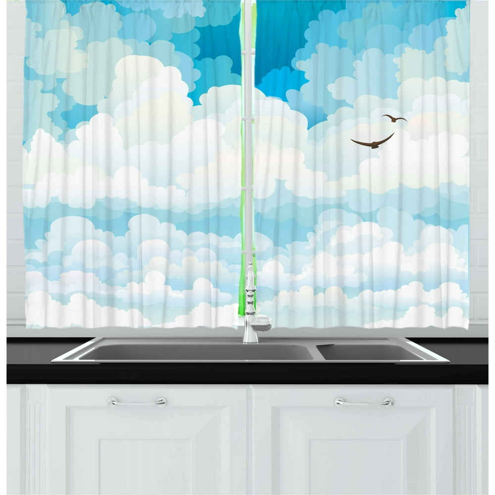 Cloud Curtains 2 Panels Set, Group of Cumulus Clouds on a Blue Sky and
