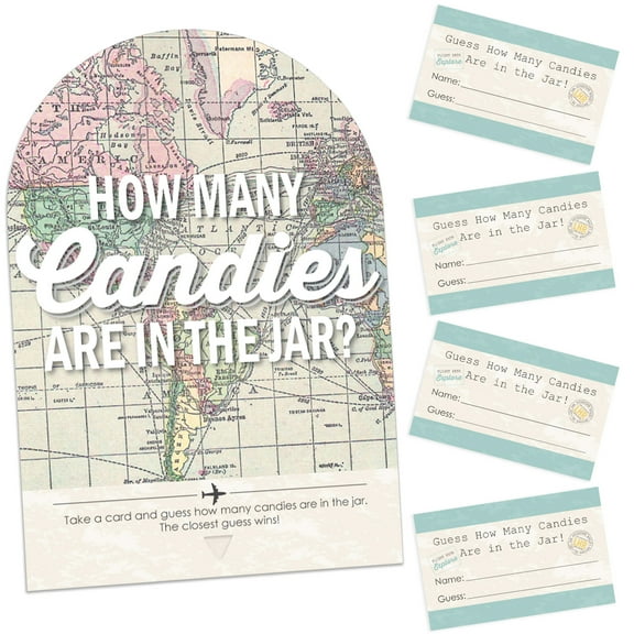 Big Dot of Happiness World Awaits - How Many Candies Travel Themed Party Game - 1 Stand and 40 Cards - Candy Guessing Game