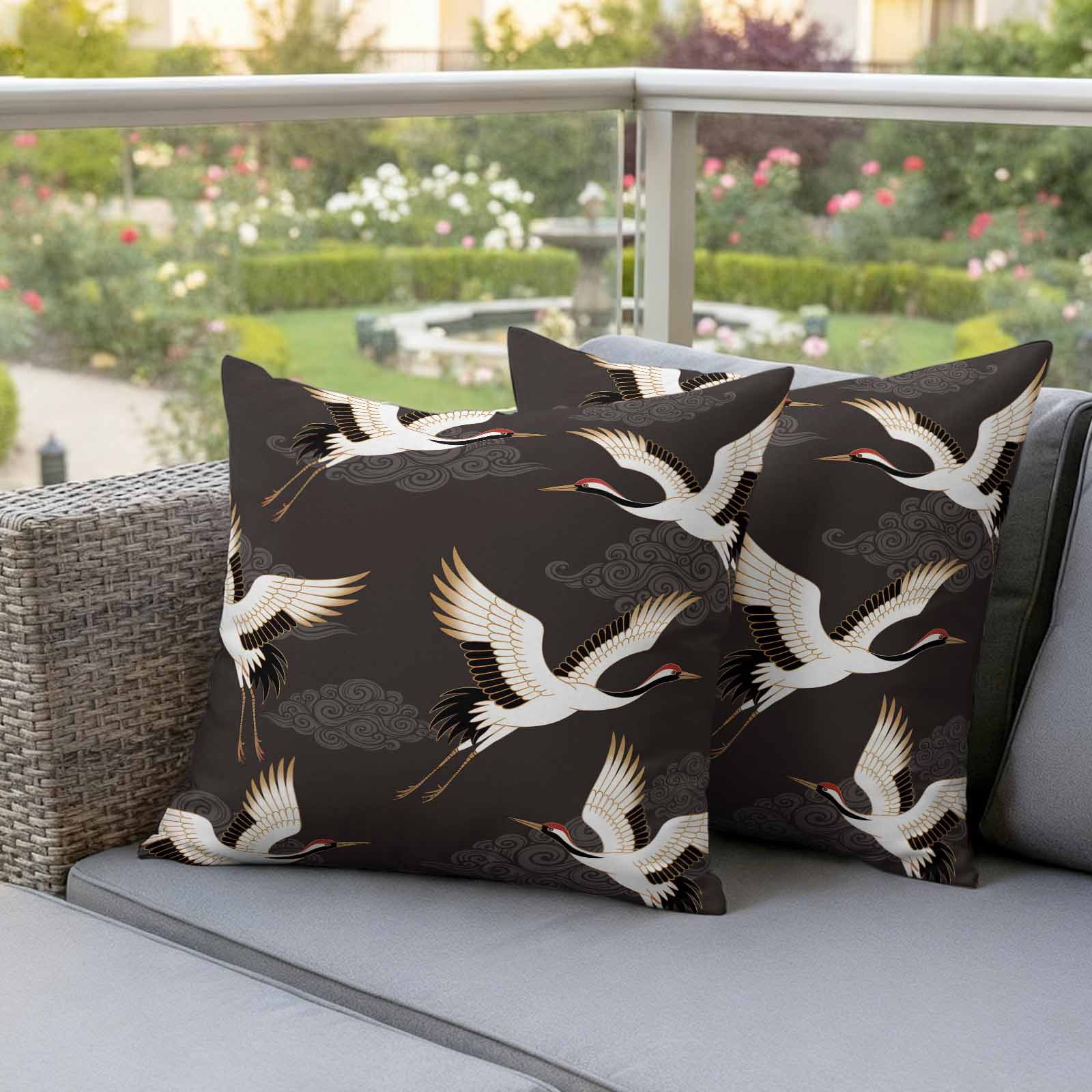 White Crane Outdoor Waterproof Throw Pillow Covers 16x16 Set of 2, Vintage Chinese Auspicious Cloud Art Brown Decorative Pillowcases Cushion Pillowcase for Couch Sofa Patio Outside Pillow Protector