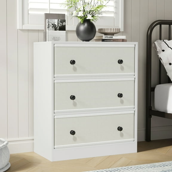 DIYART 3 Drawers Dresser for Bedroom, Modern Storage Cabinet with PU & Non-Woven Fabric Drawers, Small Fabric Dresser for Bedroom and Living Room, White