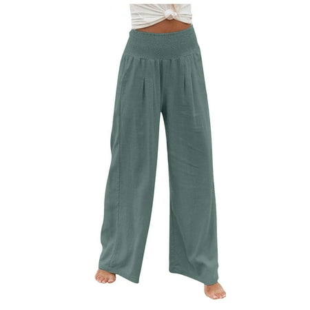 DENGDENG Wide Legged Pants for Women High Waisted with Pockets Elastic Women s Panties Fall Straight Loose Fit Palazzo Solid Color Pleated Cotton Linen Casual Summer Pants for Women Gray XXL