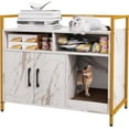 thumbnail image 1 of JJUN Cat Litter Box Enclosure - Cat Washroom Hidden Furniture with Front Entry, Scratcher, 2-Door Storage Cabinet, 2 Compartments, Air Vents, Metal Frame, Wooden Pet Crate House (Marble White), 1 of 19