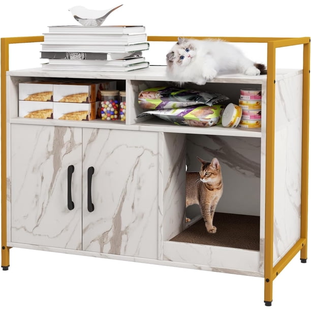 JJUN Cat Litter Box Enclosure - Cat Washroom Hidden Furniture with Front Entry, Scratcher, 2-Door Storage Cabinet, 2 Compartments, Air Vents, Metal Frame, Wooden Pet Crate House (Marble White)
