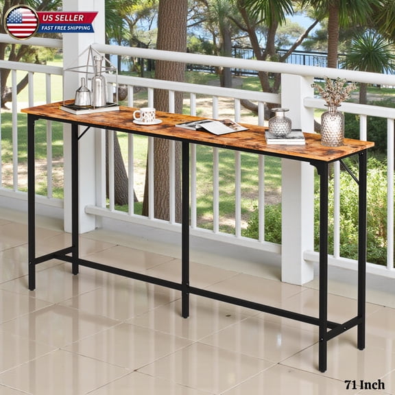 Hassch 71" Long Industrial Bar Table with Adjustable Feet, Brown MDF Top and Iron Frame, Ideal for Home Pub, Kitchen Island, Living Room, Patio Balcony