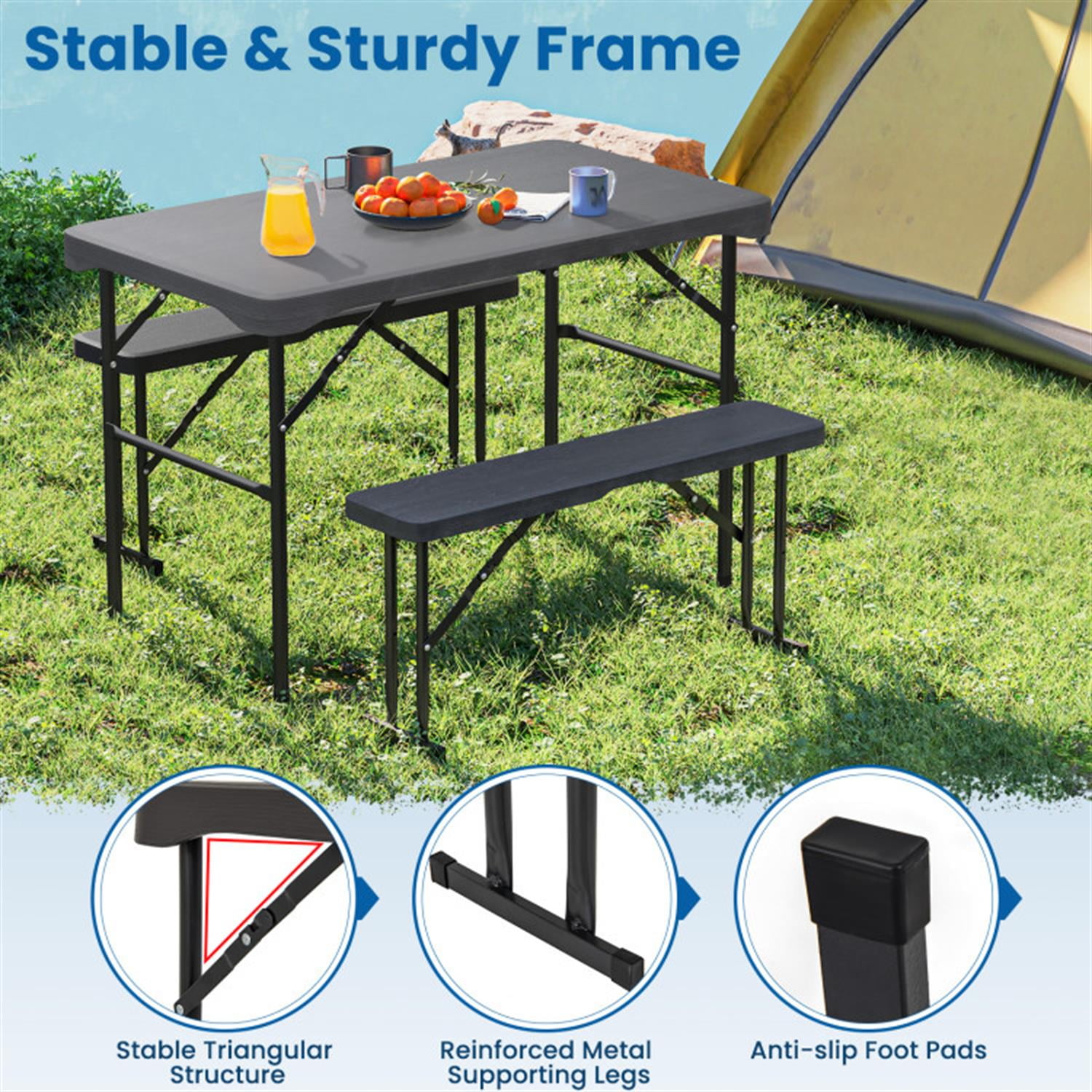 Demi Bonn Outdoor Folding Table Bench Set with All-Weather HDPE Tabletop and Sturdy Metal Frame for Parties Wedding BBQ Camping, Black