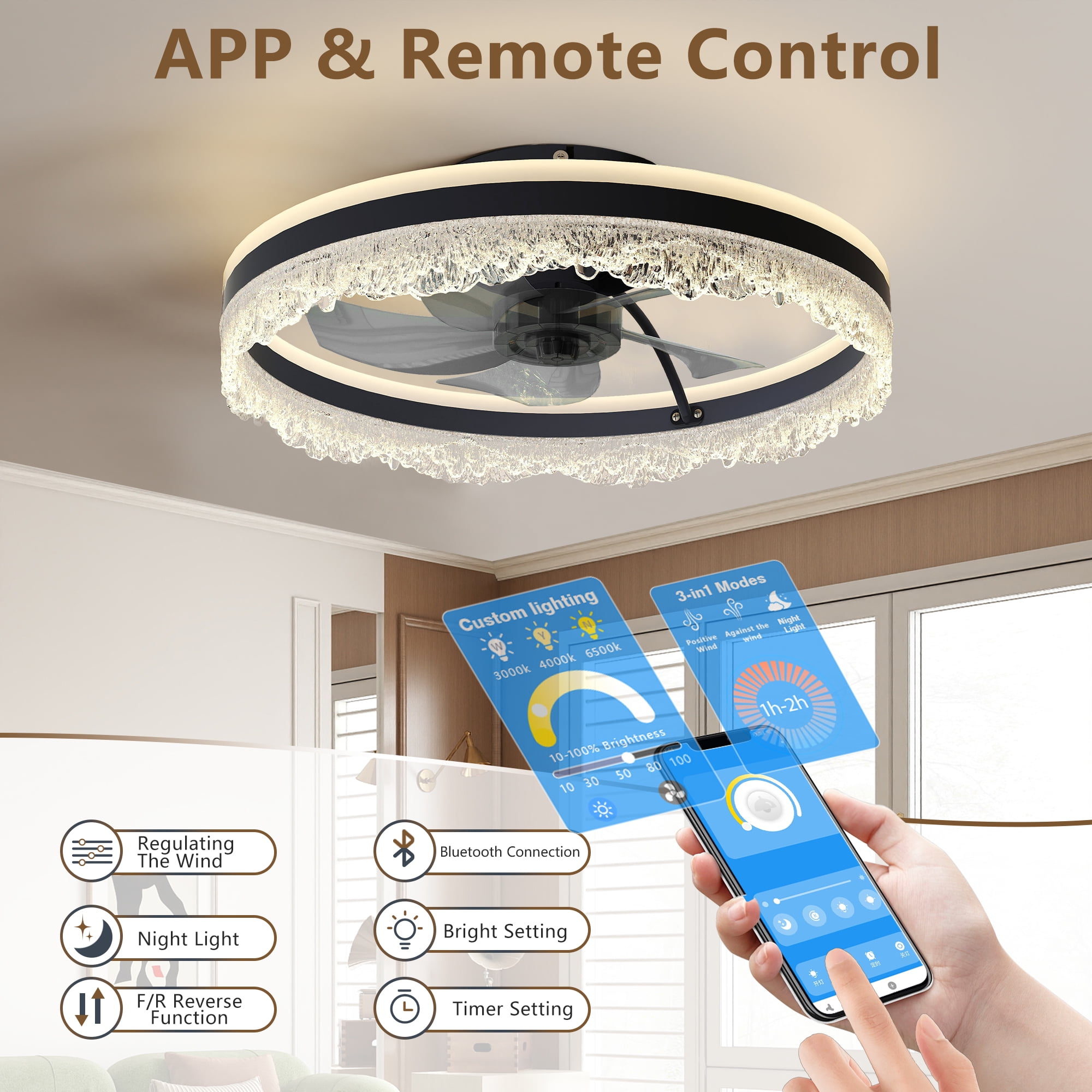 Miniyam Low Profile Ceiling Fan with Light – Silent 35dB Operation, 3 Color Modes, Reversible Blades, Ideal for Bedroom & Living Room