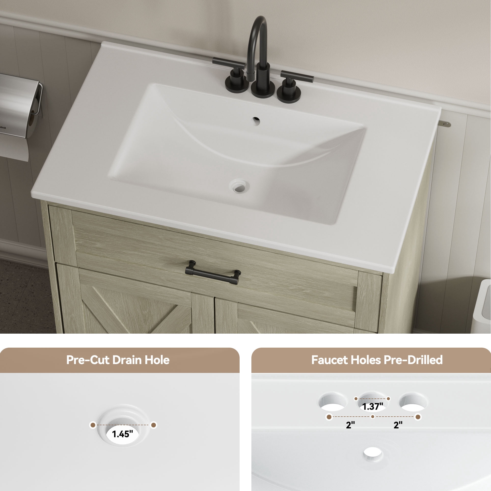 30 Inch Bathroom Vanity with Ceramic Sink, Freestanding Bathroom Sink Cabinet with Fluted Doors, 2 Doors and 1 Drawer, Adjustable Shelf, Farmhouse Bathroom Storage Combo, Grey