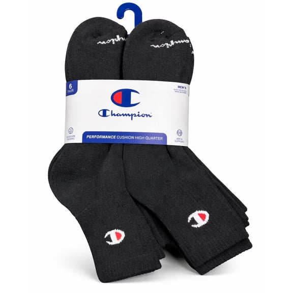 CHAMPION SOCKS MEN'S - HIGH QUARTER 263 - SOLID BLACK - LARGE (6-12) PACK 6 XX