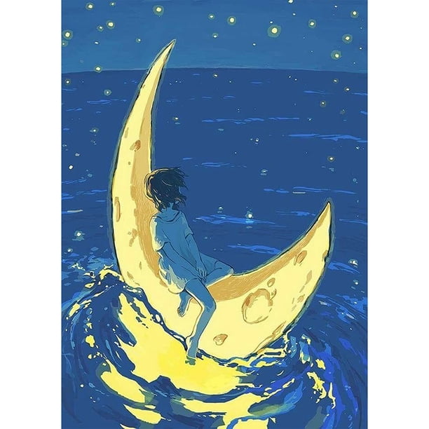 Taladro Pintura (DB1982) DIY 5D Mosaico Luna Barco Completo Ronda Rhinestone Resina Kit Regalo 30x40cm Hugtrwg Para estrenar